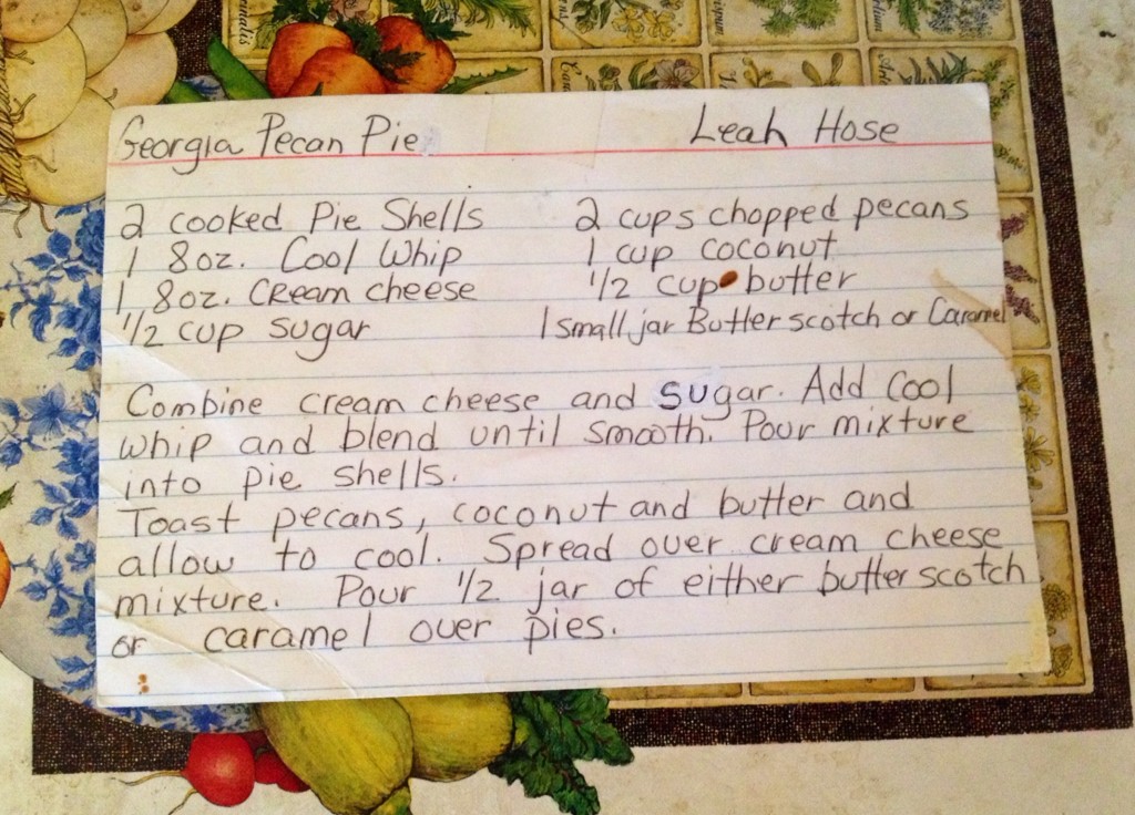 A well worn recipe for southern pecan pie that has been passed down through my family.