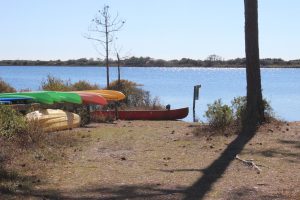 The state park provides kayaks for exploring the dune lake at Topsail. It can be reached by hiking or a tram they provide.