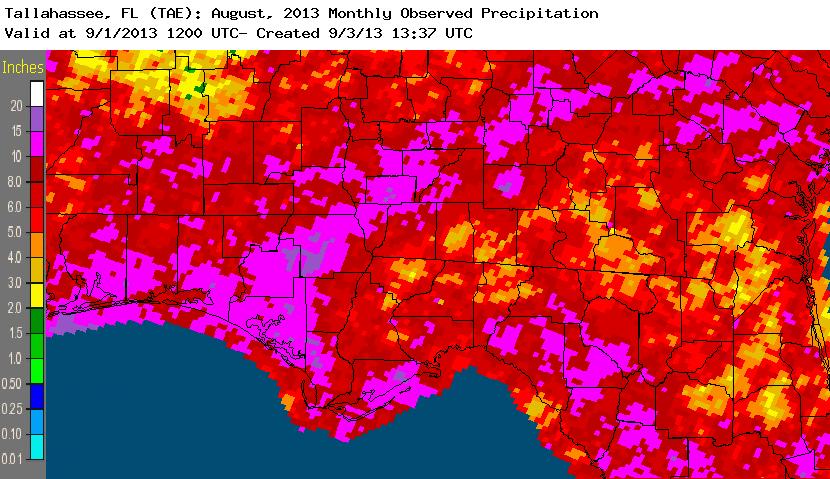 National Weather Service estimates for August rainfall in the Florida Panhandle.