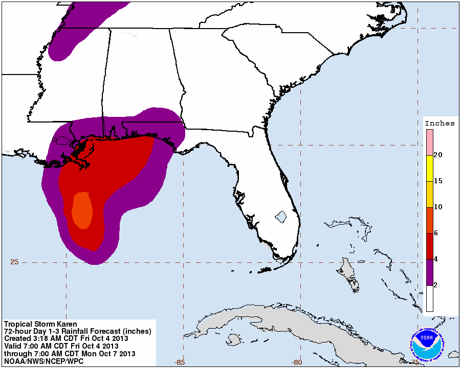 NWS Storm Prediction Centers rainfall forecast from Tropical Storm Karen.