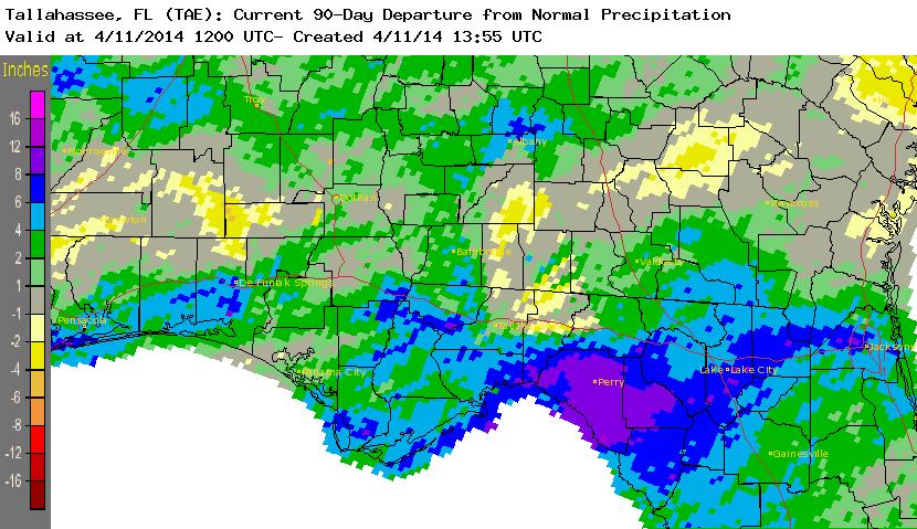 NOAA map showing range of rainfall for the past 90 days compared to normal.