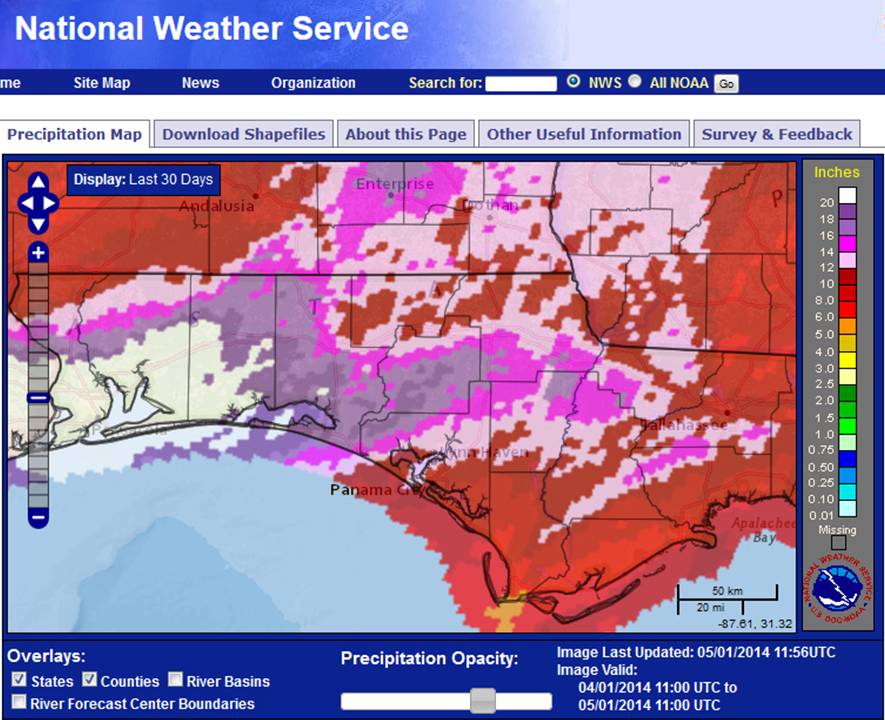 Rainfall totals for April 2014, estimated by the National Weather Service ranged from 10-12" in the drieer locations to well over 20" along the coastal regions of the Western Panhandle.